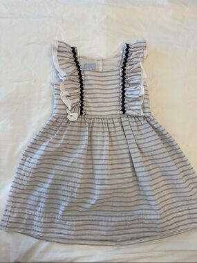 bella bliss Light Gray Striped Ruffle Dress with Navy Trim